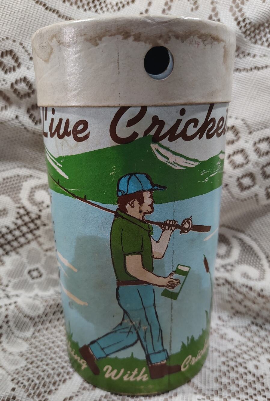 RARE Vintage Mid-Century Cardboard Live Cricket Canister Fishing